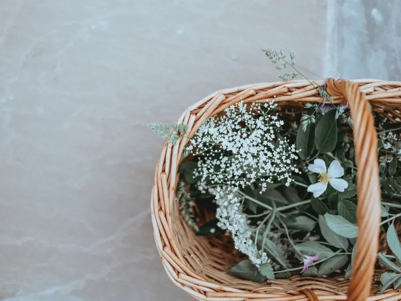 overhead shot wicker basket baby's-breath