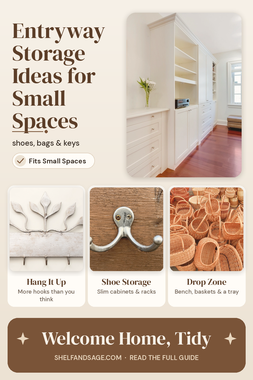 Pinterest graphic: Entryway Storage Ideas for Small Spaces (Shoes, Bags & Keys)